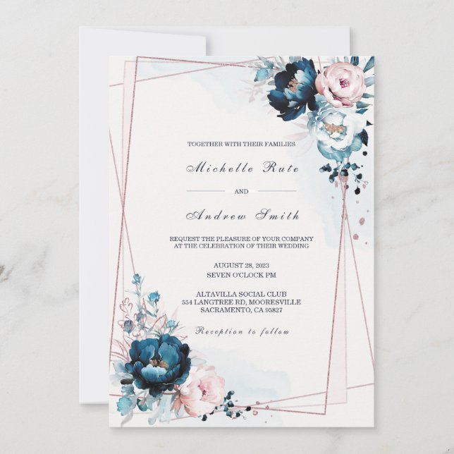 Invitation Modèle de Mariage bleu et Rose de la marine (Devant)