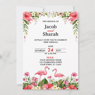 Invitation Modèle de mariage Fleurs tropicales et Flamants ro