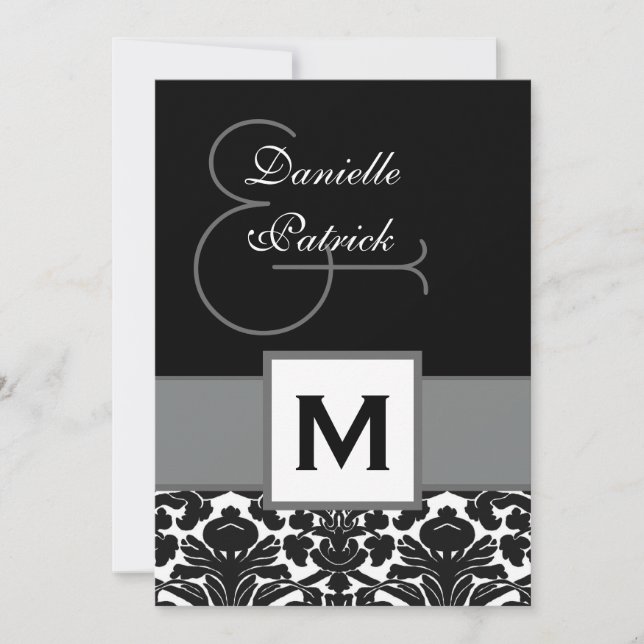 Invitation Modèle de monogramme DAMASK noir et blanc V18 (Devant)