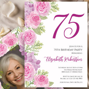 Invitation Modèle de photo personnalisé Roses roses 75e anniv