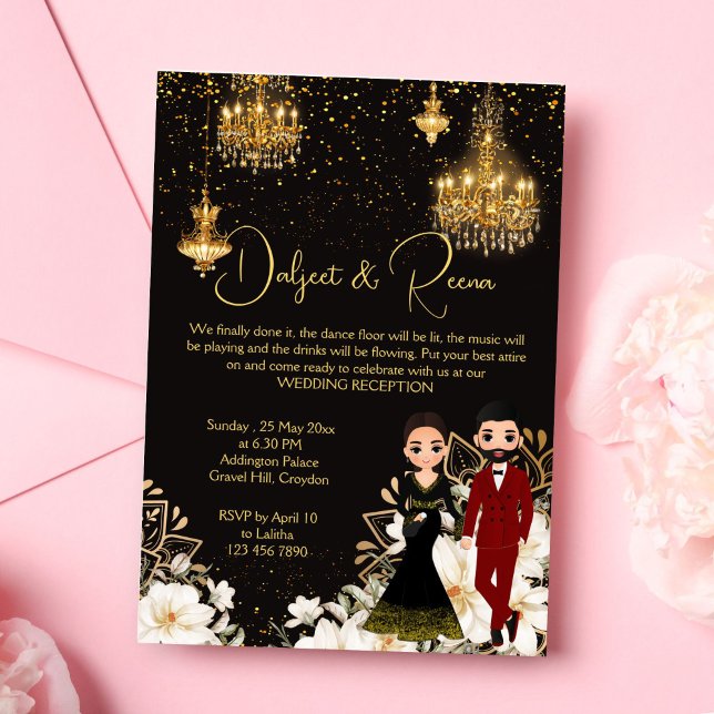 Invitation Modèle de réception chic couple indien (Dancing Indian couple caricature chic reception invitation editable template digital download)