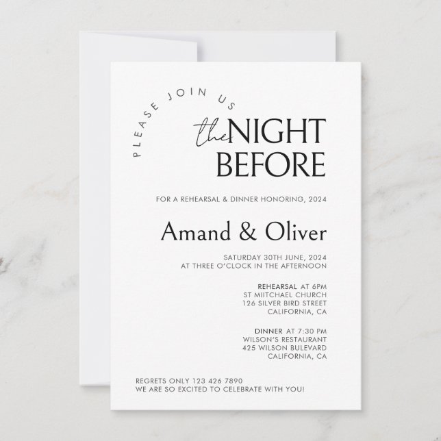 Invitation Modèle de répétition de Mariage minimalLa nuit ava (Devant)