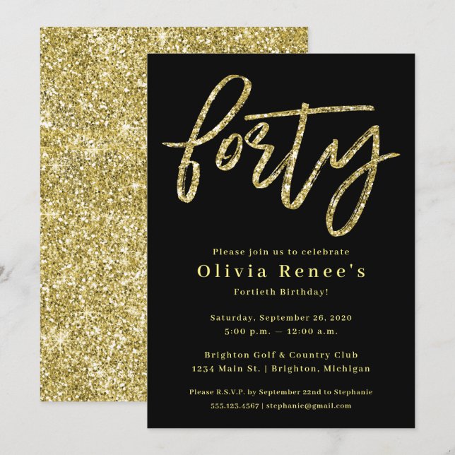 Invitation Modèle d'invitation Black and Gold 40th Birthday (Devant / Derrière)
