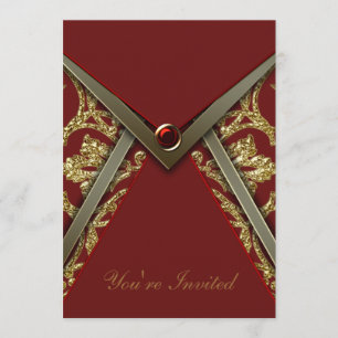 Invitation Modèle d'invitation de fête en or et damas rouge