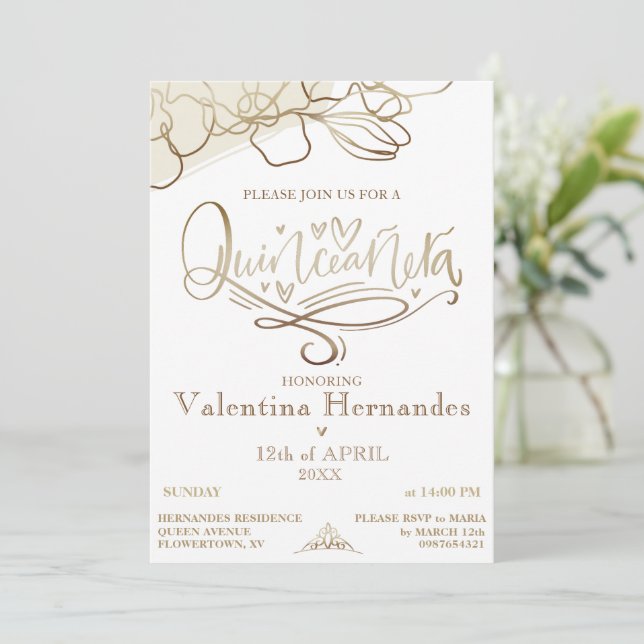Invitation Modèle d'invitation Gold Quinceañera (Debout devant)