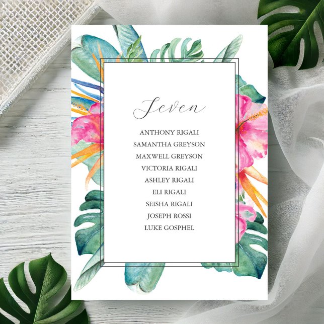 Invitation Modèle du tableau de mariage de destination (Seating chart watercolor tropical flowers & palm leaves by Victoria Grigaliunas Do Tell A Belle)