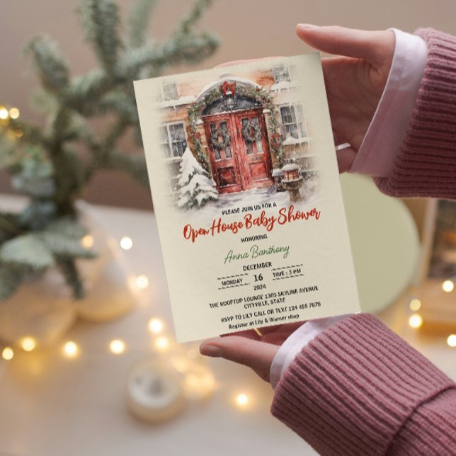 Invitation modèle éditable de maison ouverte de Noël shower b (open house baby shower mother to be christmas for her, festive fun party elegant winter holiday )