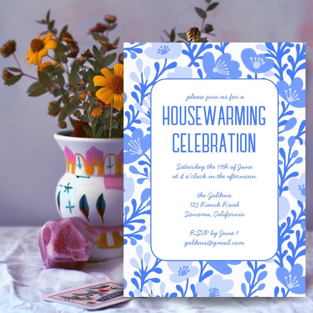 Invitation MODÈLE Floral Bleu FAMILIAL Personnalisé FAMILLE D (Blue Floral Pattern Custom HOUSEWARMING PARTY Invitation)