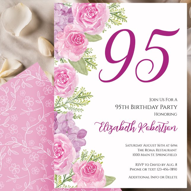 Invitation Modèle floral de roses roses pour 95e anniversaire (Créateur téléchargé)
