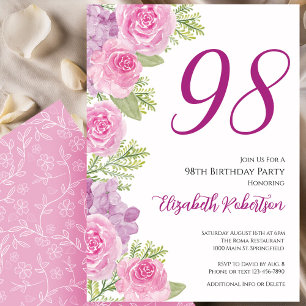 Invitation Modèle floral de roses roses pour 98e anniversaire