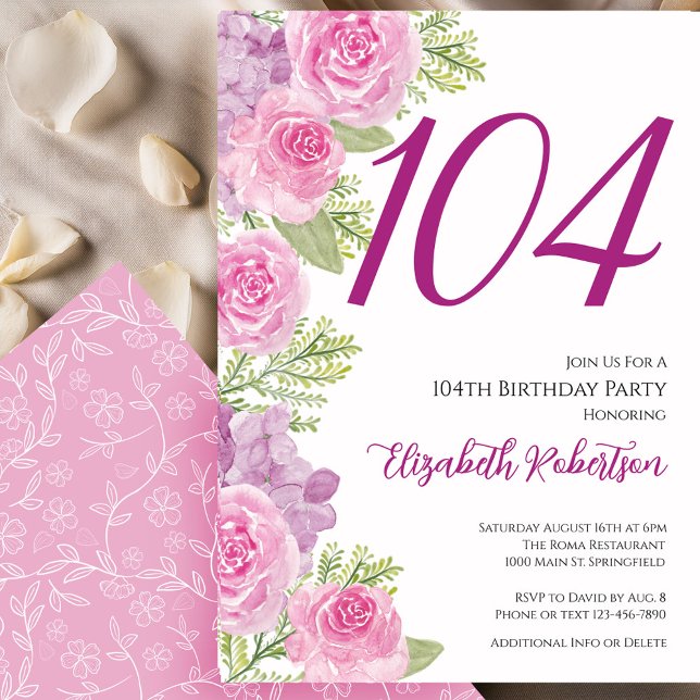Invitation Modèle floral de roses roses pour le 104e annivers (Créateur téléchargé)