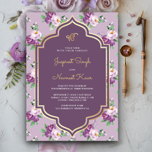 Invitation Modèle Floral pourpre Anand Karaj Sikh Mariage