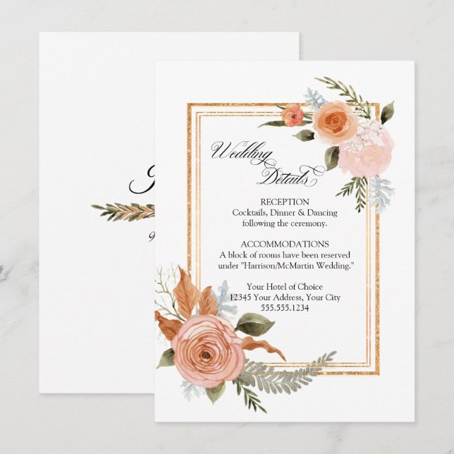 Invitation MODÈLE Floral Rose Bouquet Gold Mariages Détails (Devant / Derrière)