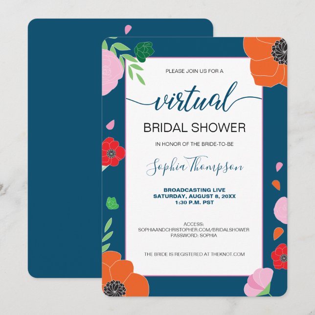 Invitation MODÈLE FLORAL sur FÊTE DES MARIÉES VIRTUELLE bleu  (Devant / Derrière)