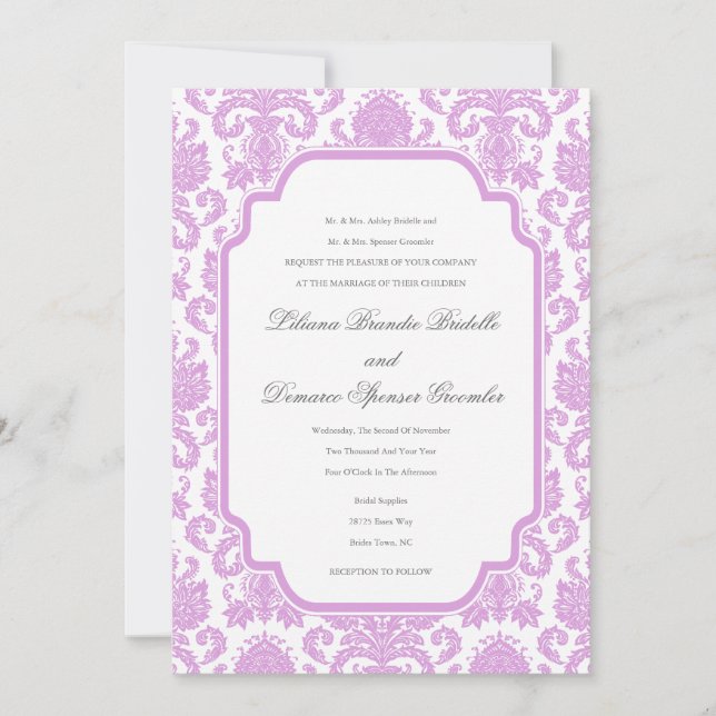 Invitation Modèle frontalier Pale Plum Mariage Damask (Devant)