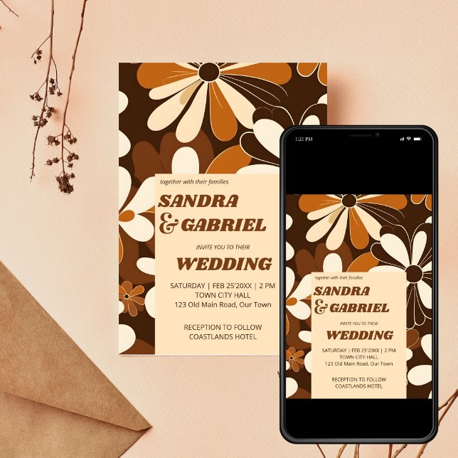 Invitation Modèle mariage de fleurs en terre cuite des 70s ré (Retro 70ies terracotta brown daisy flowers editable template wedding invitation digital download )