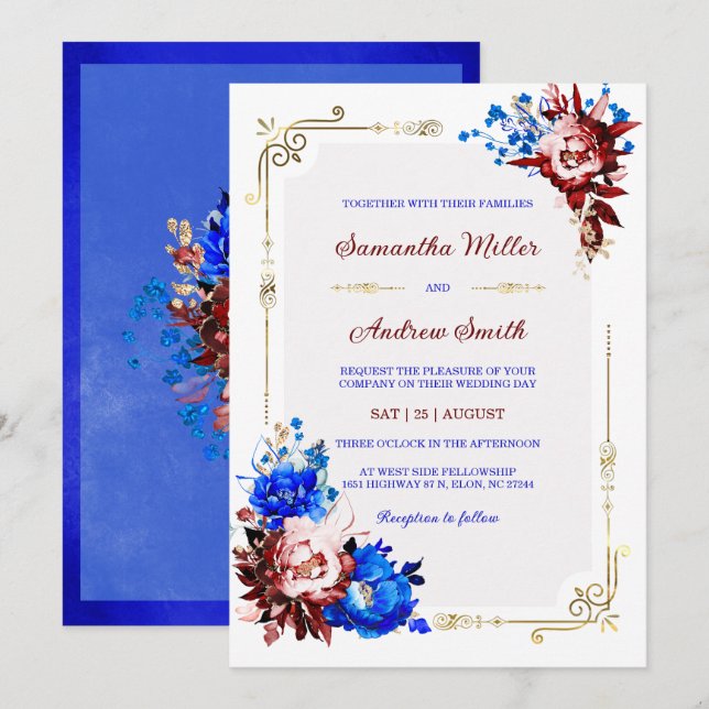 Invitation Modèle Mariage Royal Blue et Bourgogne (Devant / Derrière)