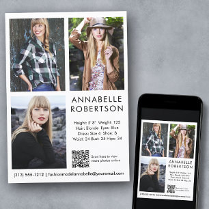 Invitation Modèle moderne Actor 3 Photos QR Code Comp Card
