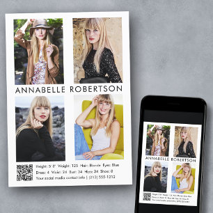 Invitation Modèle moderne Actor 4 Photos QR Code Comp Card