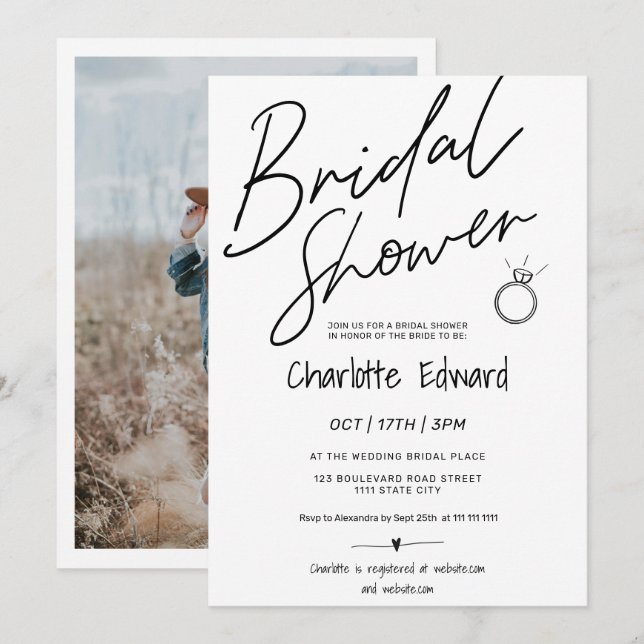 Invitation Modèle moderne photo bague de douche nuptiale noir (Devant / Derrière)