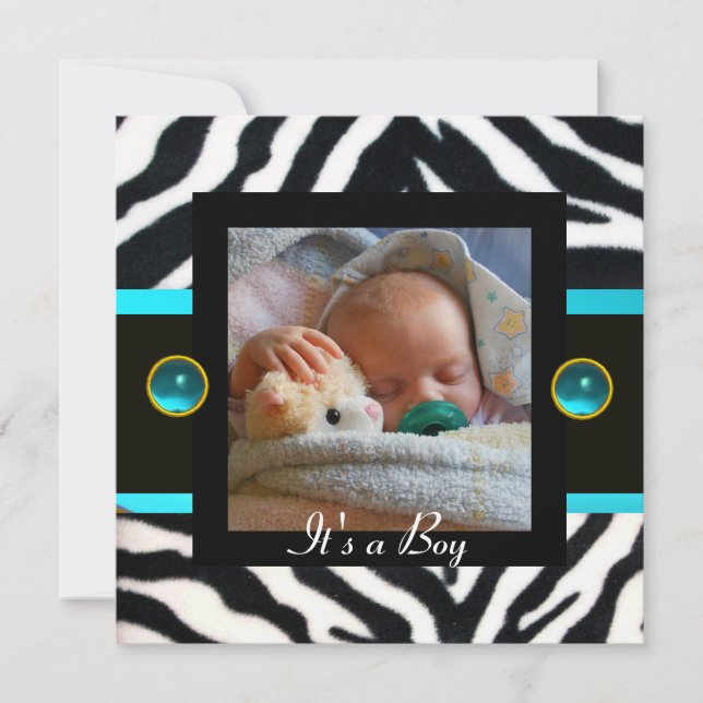 Invitation MODÈLE PHOTO de monogramme BLEU BLEU BLACK ZEBRA F (Devant)