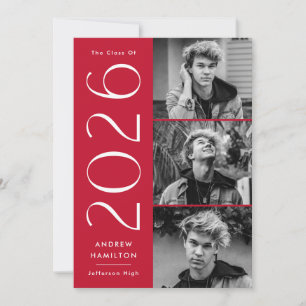 Invitation Modern 2023 Red 3 Photo Graduation Party
