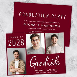 Invitation Modern 3 Photo Burgundy Graduation Party