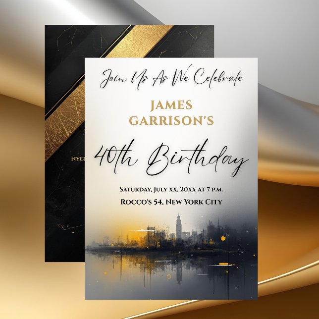 Invitation Modern 40th Birthday Party Black with Gold (Modern 40th Birthday Party Black with Gold Invitation)