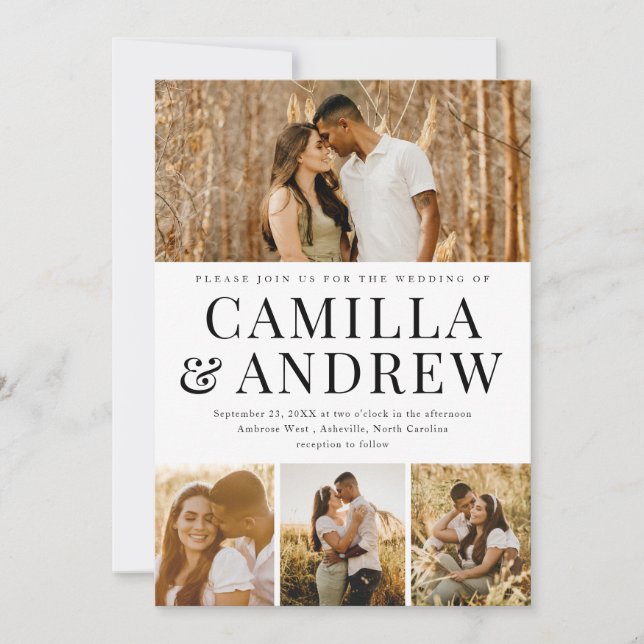 Invitation Modern 4 Photo Collage Mariage élégant (Devant)