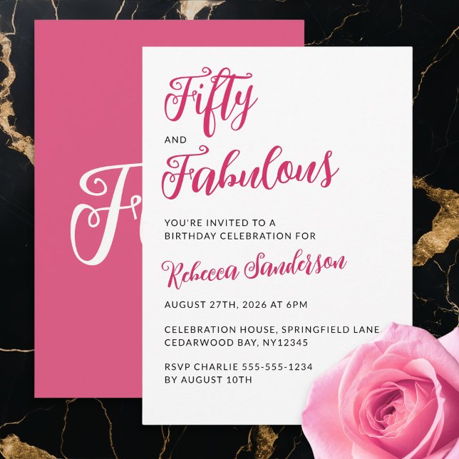 Invitation Modern 50 and Fabulous Pink 50th Birthday Party (A "Fifty and Fabulous" invitation for a 50th birthday party, with pink script and black capitals)