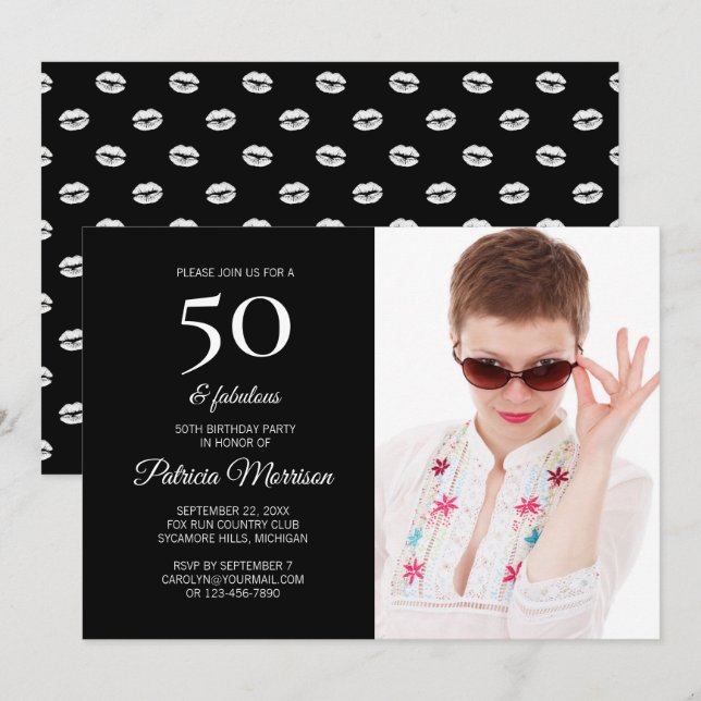 Invitation Modern 50 et Fabulous Black Photo Anniversaire (Devant / Derrière)