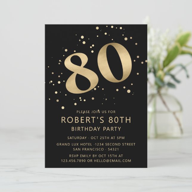 Invitation Modern 80th Eighty Birthday Photo Gold Glitter (Debout devant)