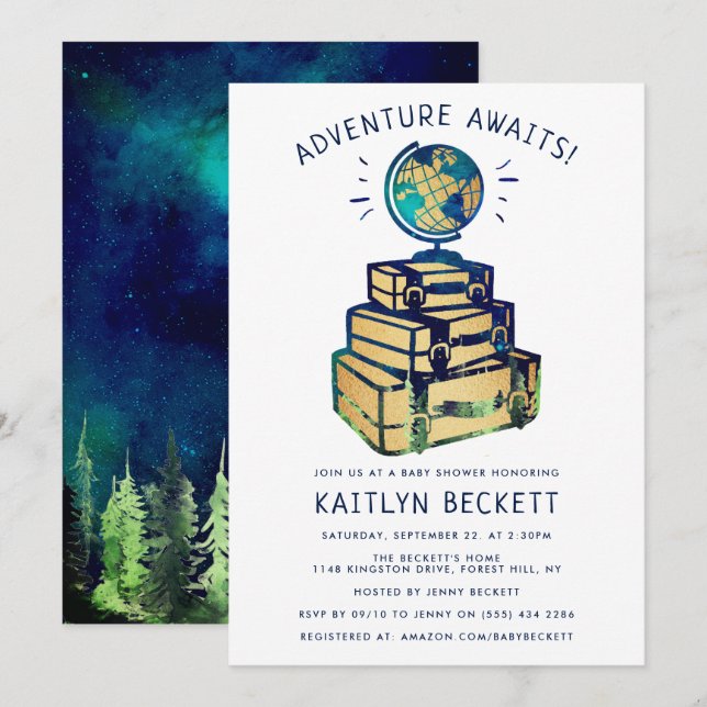 Invitation Modern Adventure Travel Baby shower (Devant / Derrière)