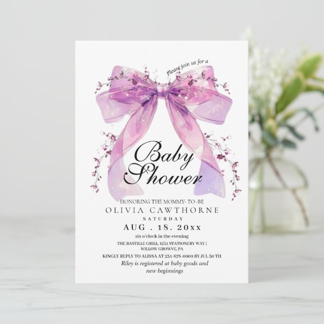 Invitation Modern and elegant Pink Bow Baby Shower (Debout devant)