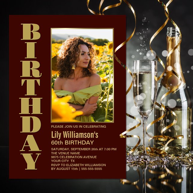 Invitation Modern Any Age Bourgogne Gold Photo Anniversaire (Créateur téléchargé)