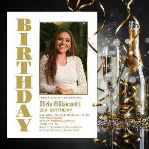 Invitation Modern Any Age Gold White Photo fête d'anniversair
