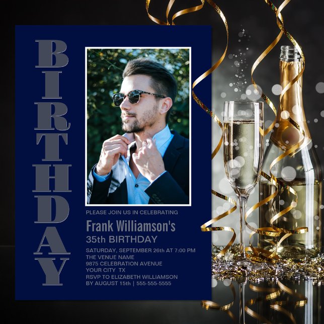 Invitation Modern Any Age Grey Navy Blue Photo Birthday Party (Créateur téléchargé)