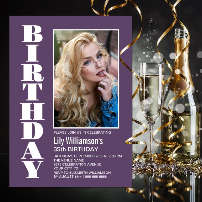 Invitation Modern Any Age Lavender Blanc Photo fête d'anniver (Créateur téléchargé)