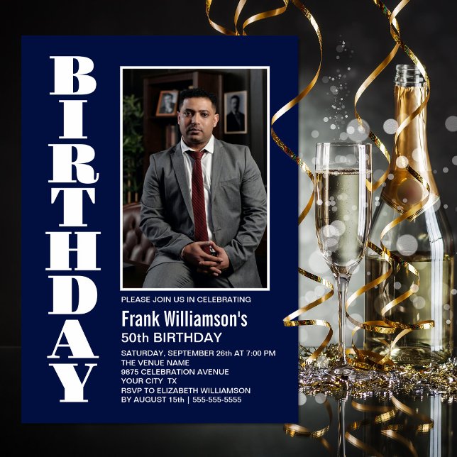 Invitation Modern Any Age Marine Blue White Photo Anniversair (Créateur téléchargé)