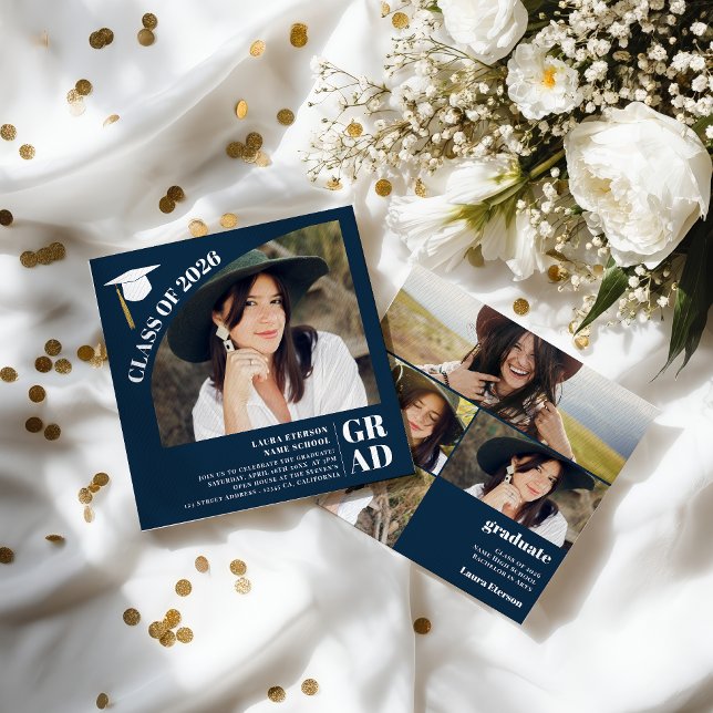 Invitation Modern arch navy blue 5 photos graduation (Modern arch navy blue 5 photos graduation invitation)