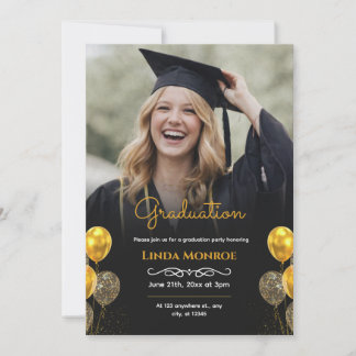 Invitation Modern Black and Gold Photo Graduation Party