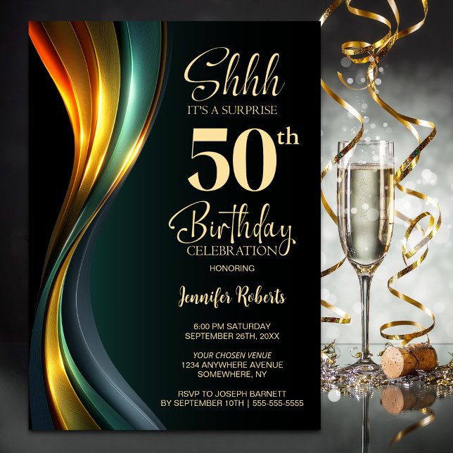 Invitation Modern Black and Gold Surprise 50th Birthday Party (Créateur téléchargé)