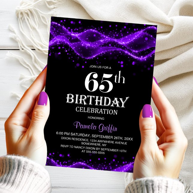 Invitation Modern Black and Purple 65th Birthday Party (Créateur téléchargé)