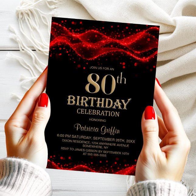 Invitation Modern Black and Red 80th Birthday Party (Créateur téléchargé)