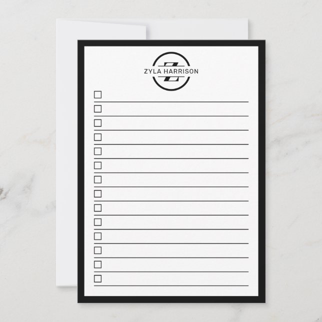Invitation Modern Black White Monogram Name To Do List (Devant)