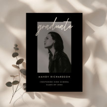 Modern Black White Script Photo Graduation Party