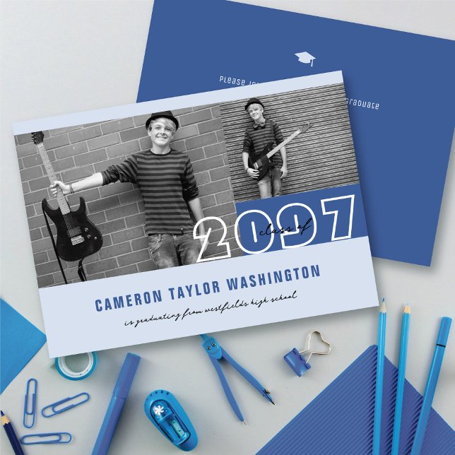 Invitation Modern Blue 2 Blocs photo Simple Graduation Party (Modern Blue 2 Photo Blocks Simple Graduation Announcement & Party Invitation @ fatfatin)