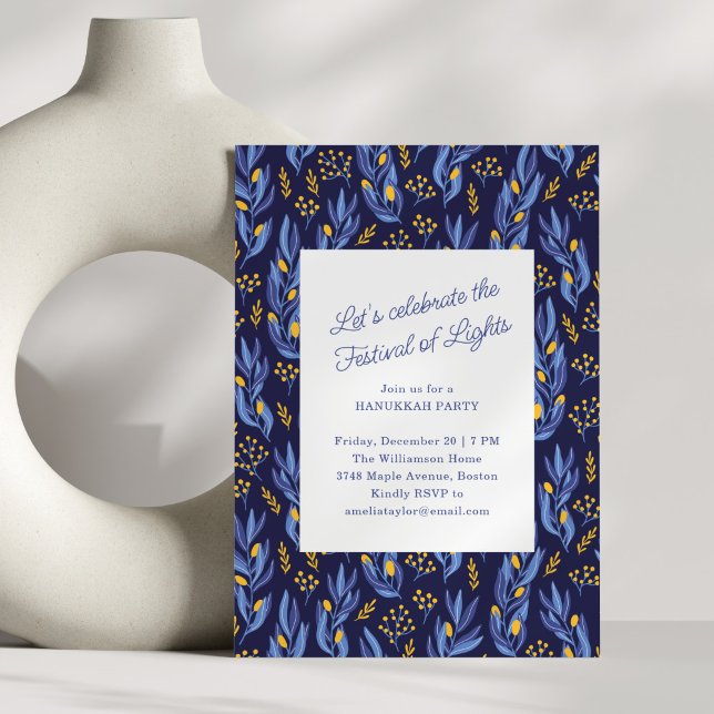 Invitation Modern Blue Botanical Family Hanukkah Party (Créateur téléchargé)