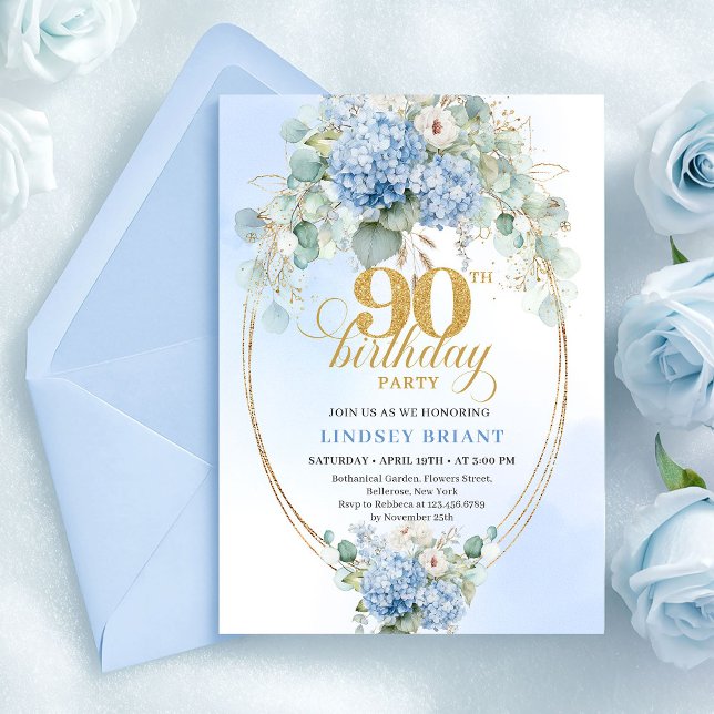 Invitation Modern Blue Floral Eucalyptus Gold 90th Birthday (Modern Blue Floral Eucalyptus Gold 90th Birthday)