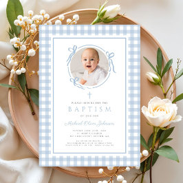 Invitation Modern Blue Gingham Bow Photo Boy Baptism
